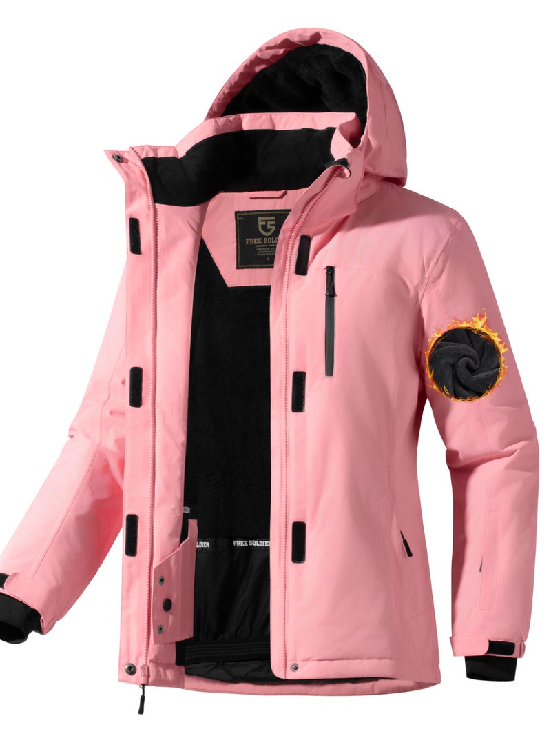 FREE SOLDIER Women's Waterproof Ski Snow Jacket Fleece Lined Warm Winter Rain Jacket with Hood Fully Taped Seams(Pink,L) - Image 1